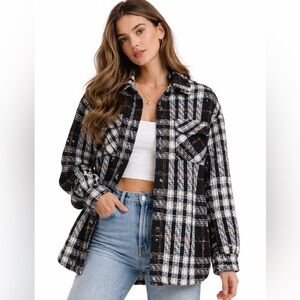 Charlie Luciano Black White Tweed Plaid Oversized Overshirt Button-Up M-L Unisex